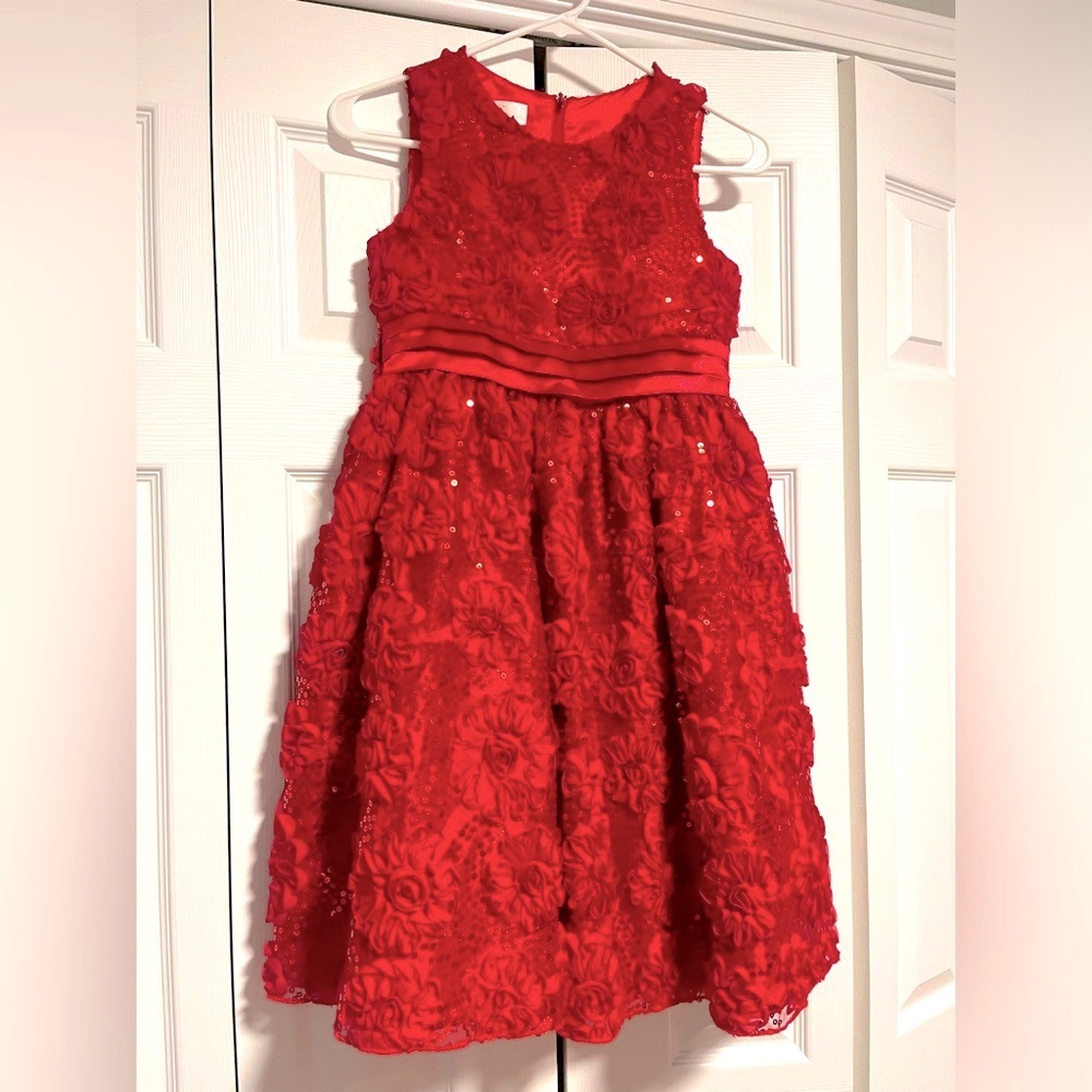 💃🏼 American Princess Red Floral Sequin Satin Sweetheart Girls Dress Size 12